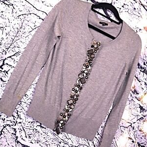 GEMSTONES CARDIGAN XS Talbots *FLAWED* Wool Sweater Warm Grey Brown Natural Work